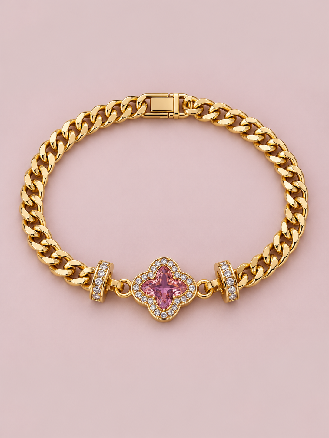 Pulsera cadena trébol rosa