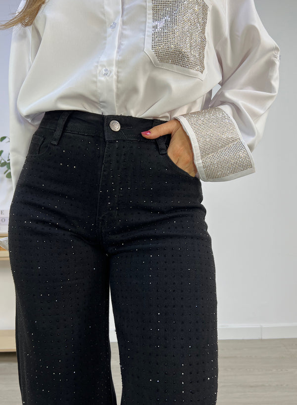 PANTALON CRISTALES BAJO DESHILACHADO