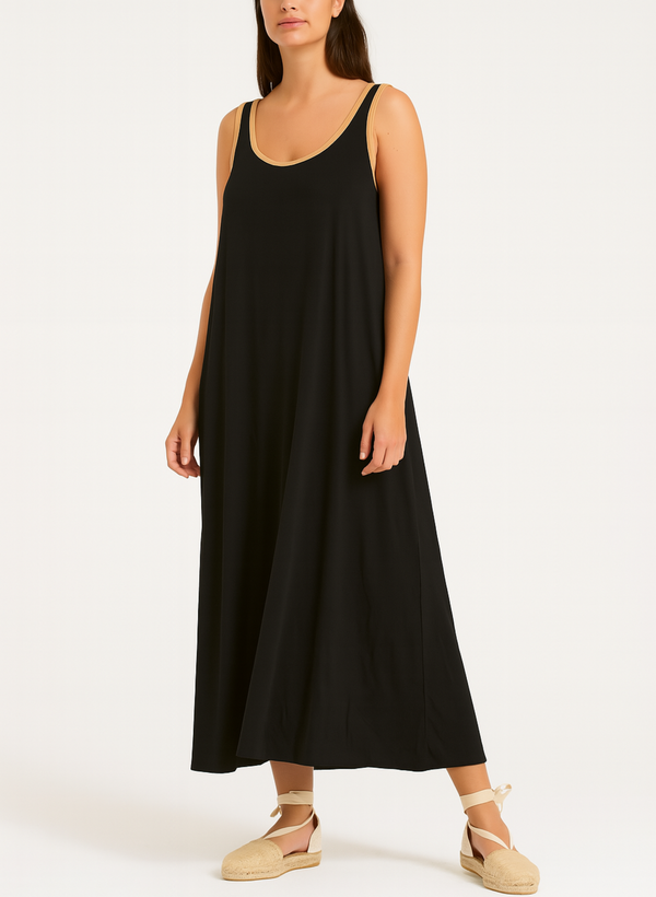 VESTIDO LARGO TIRANTE ANCHO RIBETE ORO