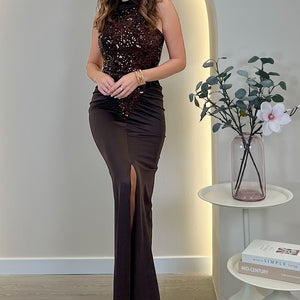 VESTIDO LARGO CUELLO HALTER LENTEJUELA