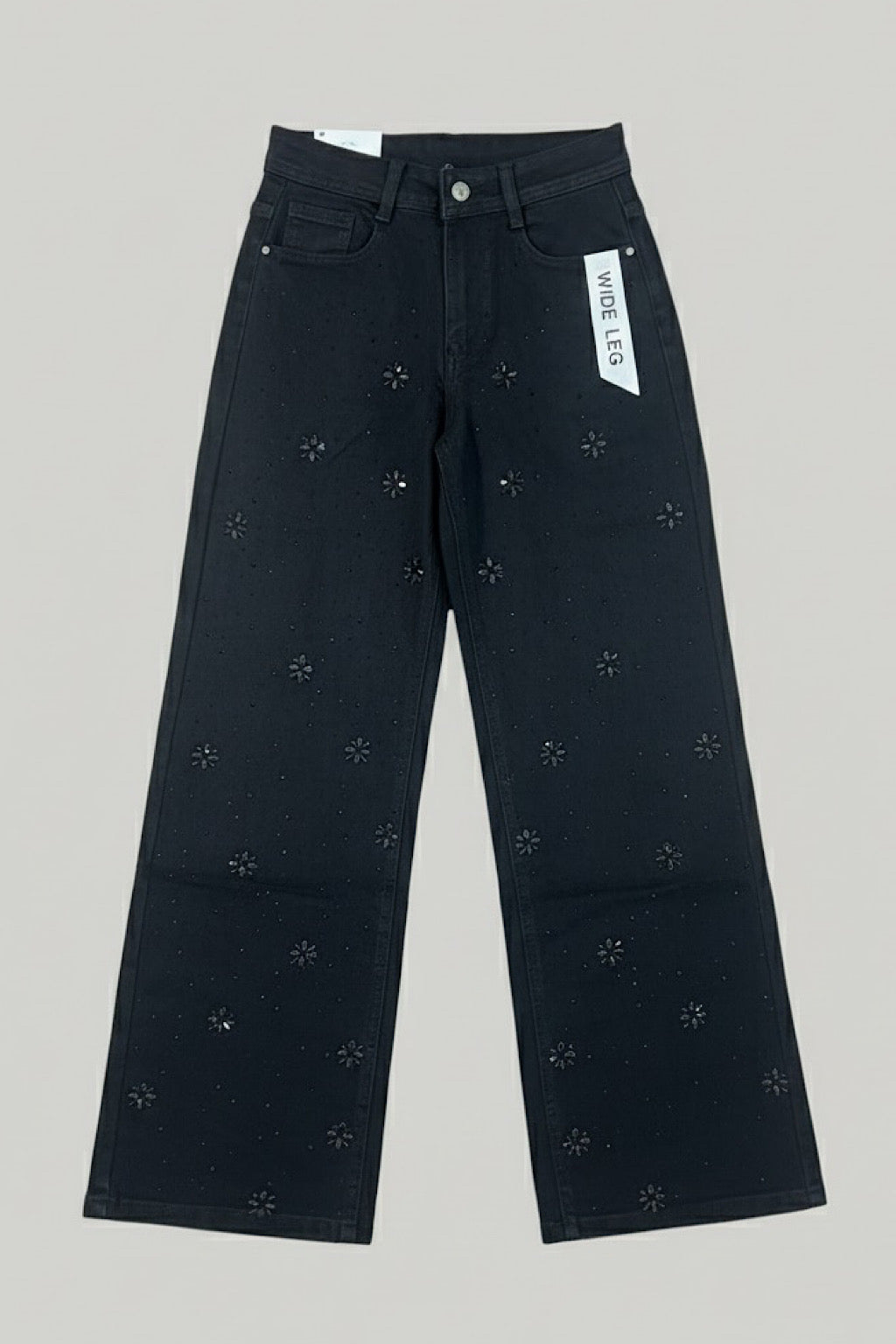 PANTALON WIDE LEG CRISTALES FLOR NEGRO