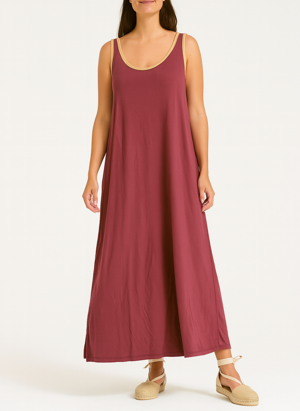 VESTIDO LARGO TIRANTE ANCHO RIBETE ORO