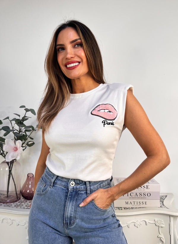 CAMISETA HOMBRERAS LABIOS ROSAS