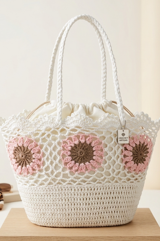 CAPAZO RAFIA FLOR CROCHE ROSA