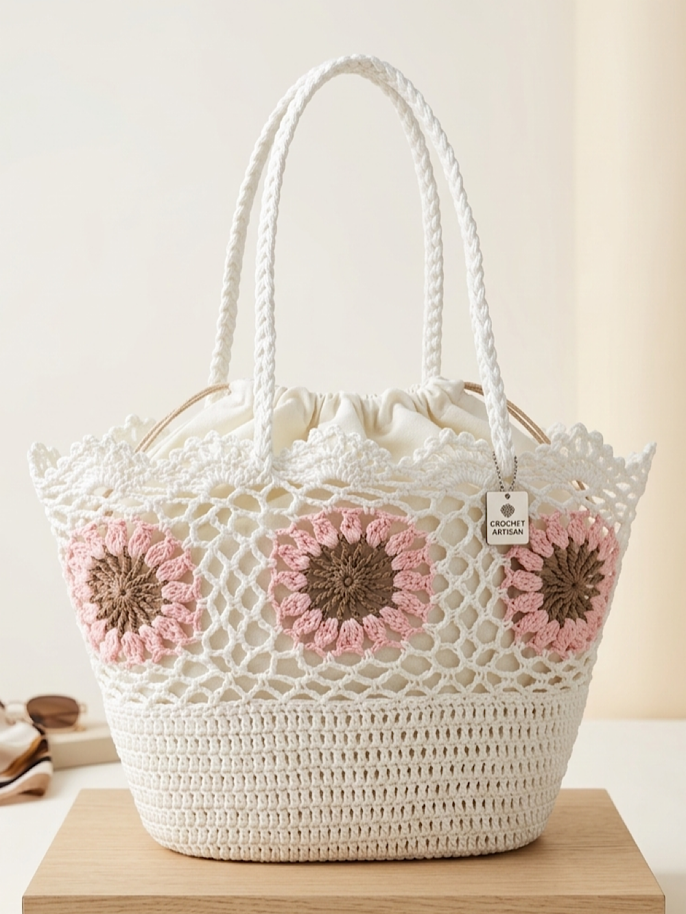 CAPAZO RAFIA FLOR CROCHE ROSA