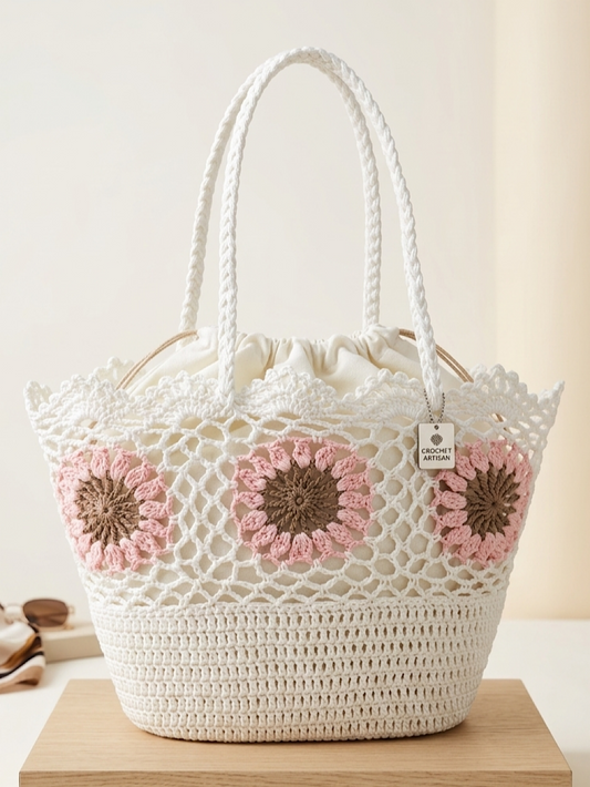 CAPAZO RAFIA FLOR CROCHE ROSA