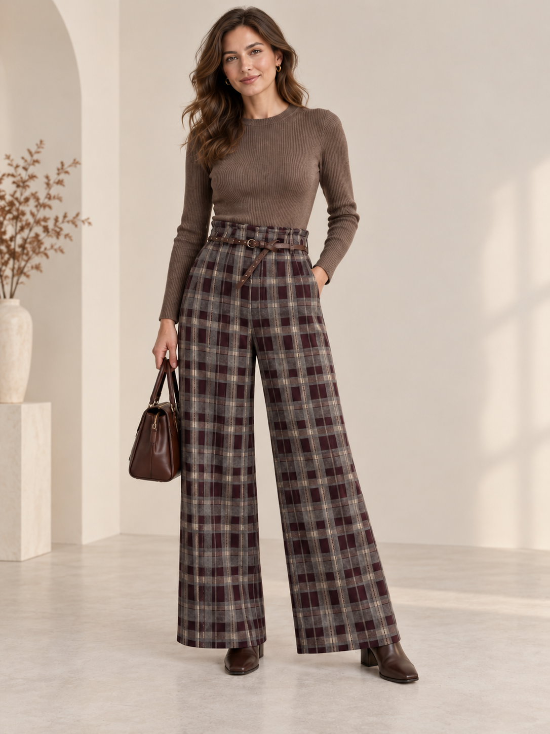 PANTALON CUADROS TIRO ALTO