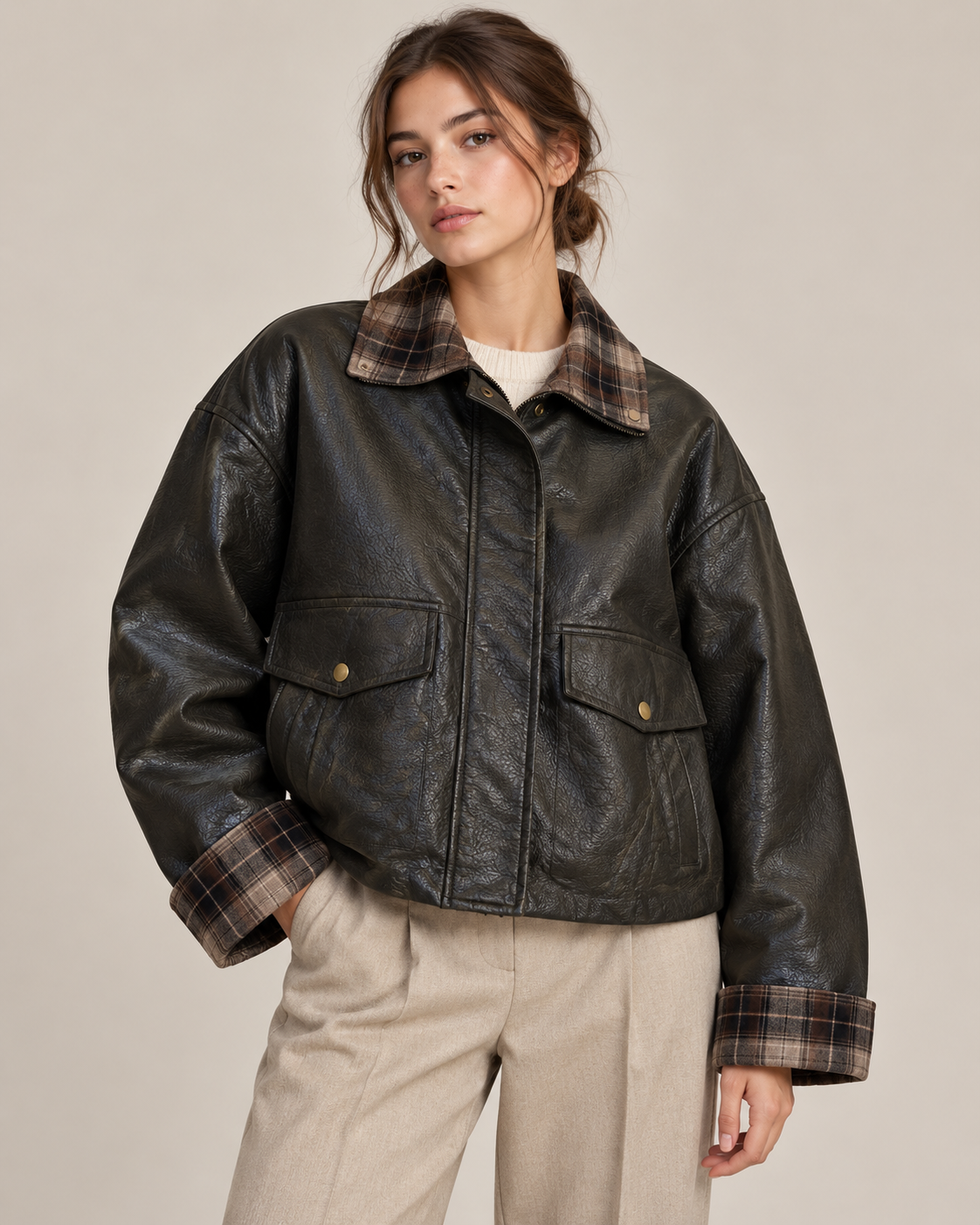 CAZADORA BOMBER POLIPEIL CUADROS CUELLO