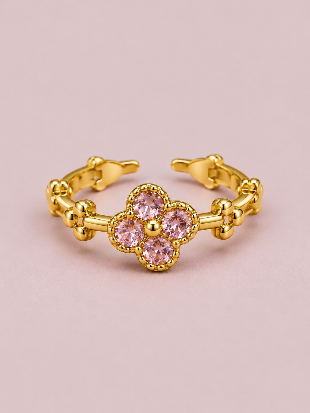 Anillo flor rosa cristales